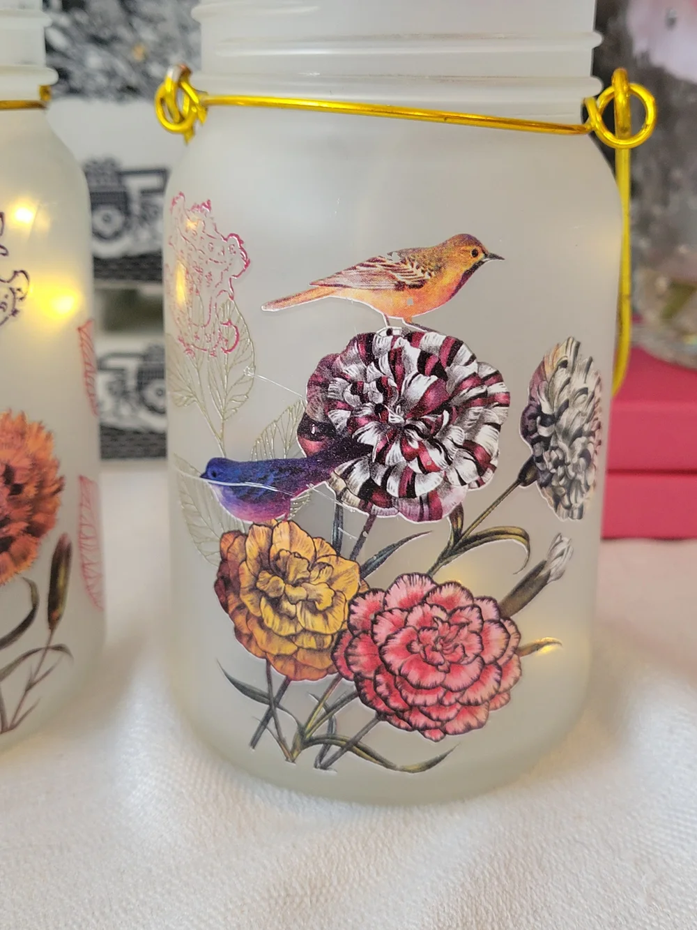 Frosted Glass Jar Fairy Light Holders with Flowers